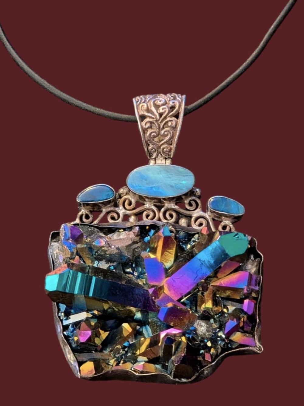 925 Sterling Aura Titanium Quartz Cluster Blue Opal Large 3" Pendant 17" Cord